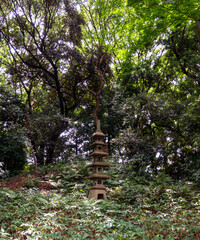 Fototapeta premium Stone Japanese pogoda lantern surrounded by lush greenery and forest in a Japanese garden