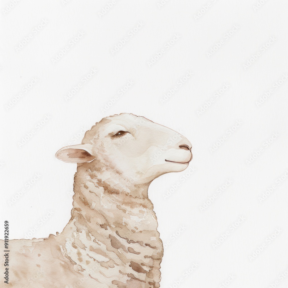 Poster Watercolor painting of a sheep's head looking upwards.