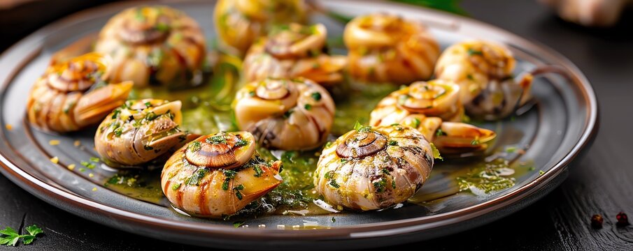 French escargot cooked in mineralrich garlic butter, served in a traditional escargot plate Rich and savory, gourmet delicacy, vibrant and inviting, French appetizer