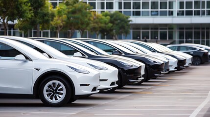 Row of white electric cars parked in a lot.