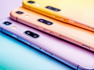 Mobile tech gadgets, vibrant colors, close-up, tech devices, modern
