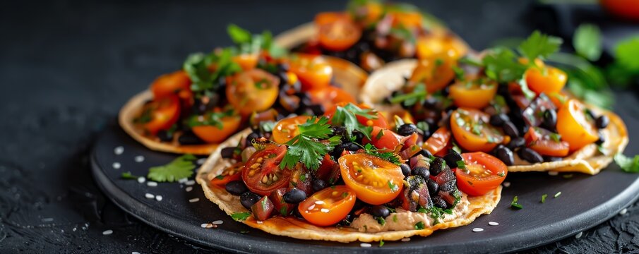 Mexican fusion tostadas with seasonal heirloom tomatoes and black bean hummus, elegant presentation Fresh and crunchy, vibrant and inviting, seasonal ingredients, Mexican cuisine