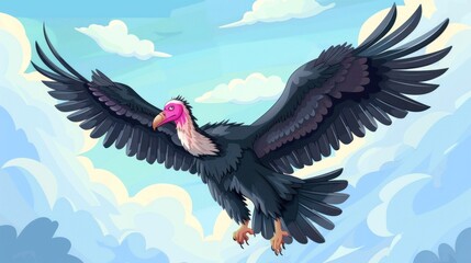 Naklejka premium A black vulture with pink head soars through the sky with white clouds.