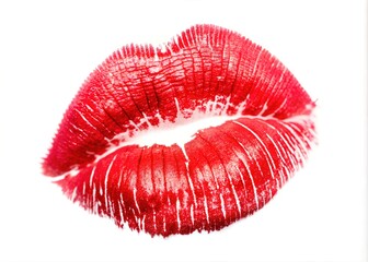 Imprint of red lipstick on a white background, isolated. Makeup female lips close up. Concept of love, makeup and beauty. Sexy red lips on white, kiss. Trace of lipstick.