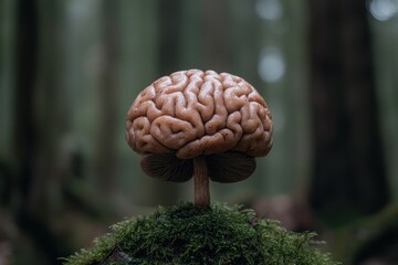 Detailed view of a human brain mushroom growing on moss