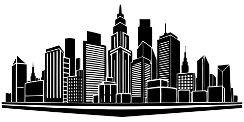 Modern City Skyline Skyscrapers Vector Illustration – Line Art Outline Silhouette in Black