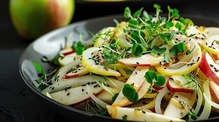 Raw French fennel and apple salad with a delicate lemon dressing, elegantly served with microgreens Crisp and refreshing, light and sophisticated, highend French salad