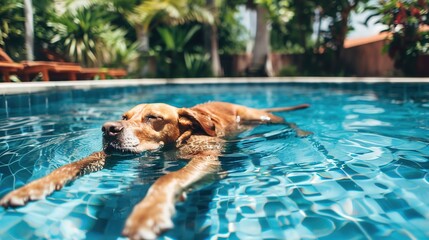 A cheerful dog floats blissfully in a serene pool surrounded by lush palm trees, embodying the ultimate vacation and leisure vibe.Perfect image for vacation, leisure, and summer-themed promotions.