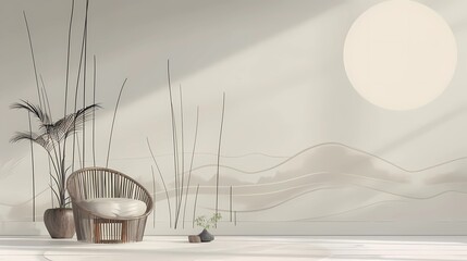 Minimalist living room interior design with a wicker chair and plants.