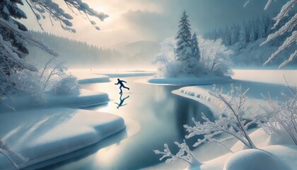 Solitary Figure Ice Skating on Frozen Lake in Winter Wonderland with Snow Covered Trees