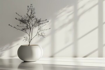 Minimalist Plant and Sunlight Shadow in White Room.