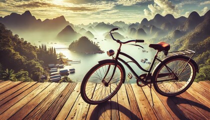 Fototapeta premium Vintage Bicycle on Wooden Deck with Mountain and Lake View at Sunset.