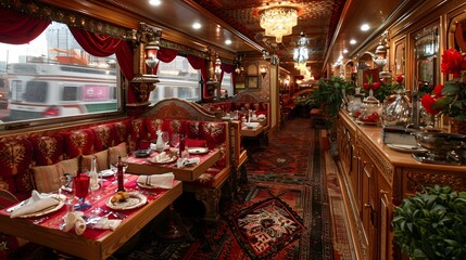 Luxury Train Restaurant Interior with Red Accents and Traditional Turkish Carpets