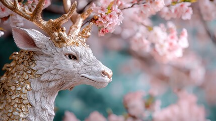 Obraz premium Ornate golden deer statue surrounded by blooming cherry blossoms