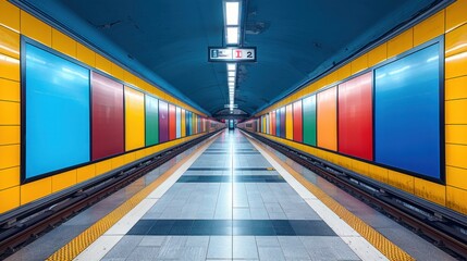 Obraz premium Empty subway platform with colorful tiles and yellow accents.