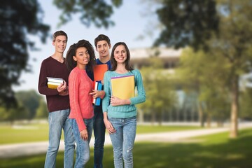 Group of happy student friends in college campus