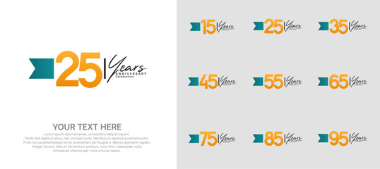 anniversary logotype set. orange number and blue ribbon for celebration