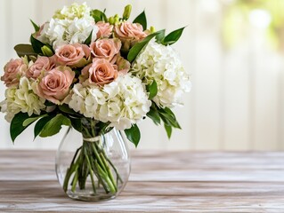 beautiful bouquet of pink roses and white hydrangeas in glass vase