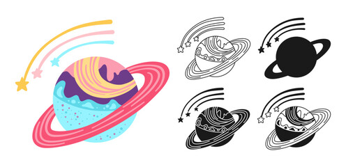 Fantasy Planet with ring cartoon set for children. Fantastic cosmos sign icon linear design. Abstract fantastic doodle galaxy comic kids planet symbol. Astronomical vector space sphere for website app