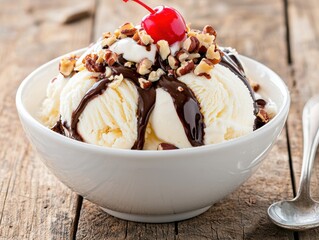 Delicious ice cream sundae with chocolate sauce and nuts