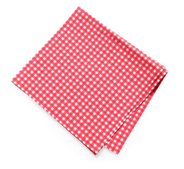 Red checkered picnic tablecloth isolated on white, top view