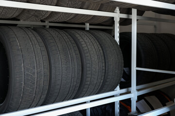 Obraz premium Group of car tires in auto store