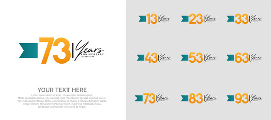 anniversary logotype set. orange number and blue ribbon for celebration