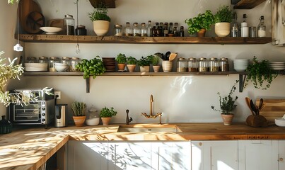Bright Kitchen Boasts Open Shelving with Greenery, Butcher Block Countertops, and White Cabinets