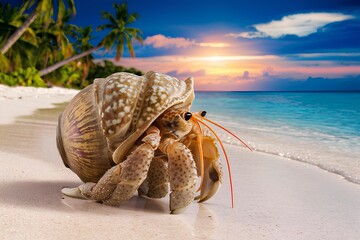 Closeup of a hermit crab on a tropical beach coast animal summer ocean sand crabs lover sea life orange sunset nature aquatic seashell  marine