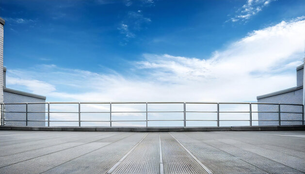 晴れた校舎の屋上。コンクリート、手すり、青空のある屋上の風景。A sunny day on the roof of a school building. A rooftop view with concrete, railings and blue sky.