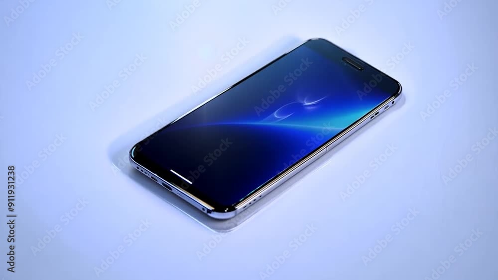 Poster rotated smartphone displaying a blue background on white surface generative ai
