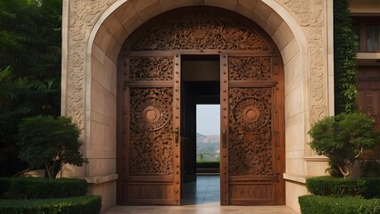 Fototapeta premium A grand wooden door a king palace, front elevation design of a grand door of a house, brown color theme 