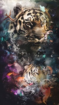 Two tiger faces in a surreal, dream-like collage with butterflies and other wildlife.