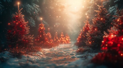 A festive scene of Christmas trees glowing with lights in a snowy forest at night, creating a warm and joyful holiday atmosphere filled with seasonal cheer