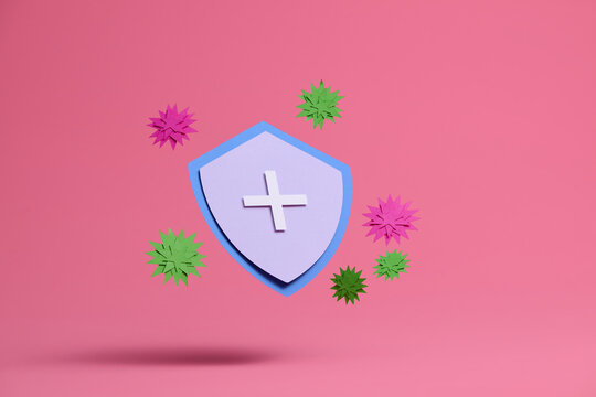 a shield surrounded by colorful viruses float on pink background