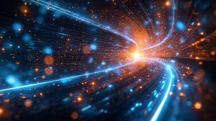 Fototapeta premium A futuristic AI data stream in a tunnel representing speed, connectivity, and technological advancement, illustrating modern transport systems and artificial intelligence innovation