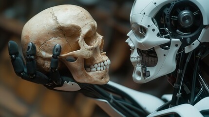 Fototapeta premium An AI robot examining a human skull, symbolizing the intersection of artificial intelligence technology and human history, reflecting on philosophical themes of existence and progress