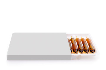 Mockup of glass drinking ampoule with medicine in container