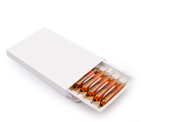 Mockup of glass drinking ampoule with medicine in container