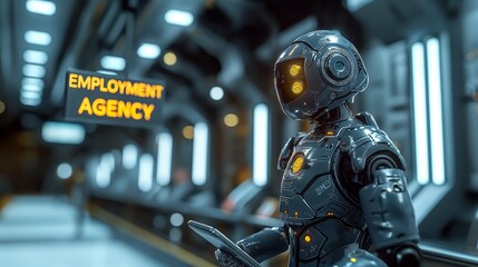 A futuristic AI robot stands in a high-tech employment agency, exploring opportunities and showcasing technology's role in the modern job market for hiring workers