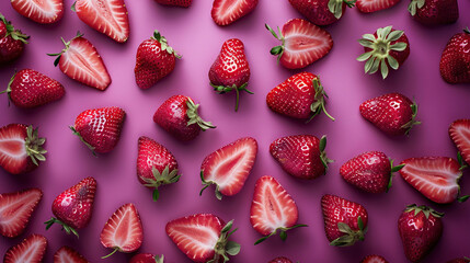 A lot of sliced strawberries on a purple background. Strawberry background. Red and purple. Delicious fresh strawberry