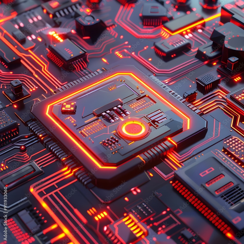 Aufkleber close-up of an intricate circuit board with glowing red circuits and processors, showcasing advanced