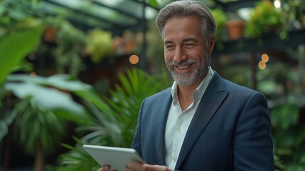 A confident businessman using a tablet in a greenhouse, representing modern technology, business, and sustainable practices in a harmonious setting