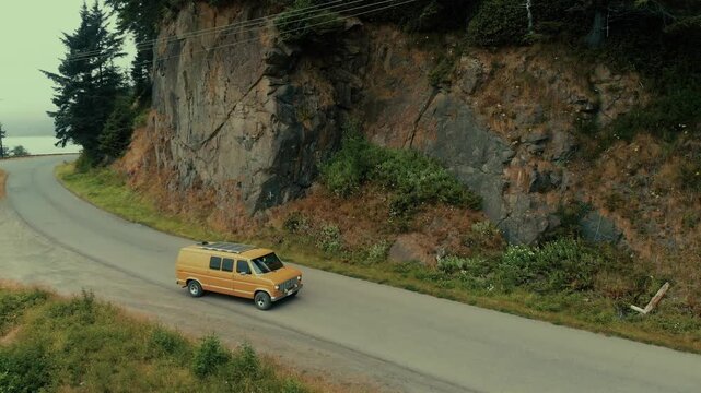 Yellow Camper Van driving down Pacific Coast of Washington | Vanlife Cinematic Camping Road Trip PNW Moody Gloomy Drone Coastal