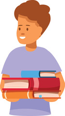 Young student is carrying a stack of colorful textbooks, symbolizing the pursuit of knowledge and academic success