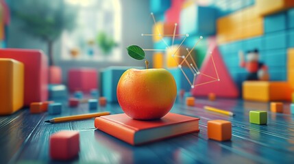 A creative educational scene featuring a shiny apple on a book surrounded by colorful blocks, symbolizing knowledge, growth, and learning in a dynamic setting