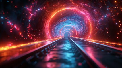 Obraz premium A futuristic neon-lit AI tunnel with glowing lights and railway tracks in space, creating an intriguing and vibrant journey into the distance, blending technology and imagination
