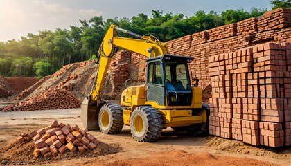 Obraz premium brick materials and heavy equipment produced by AI, this image is suitable for presentations during building construction