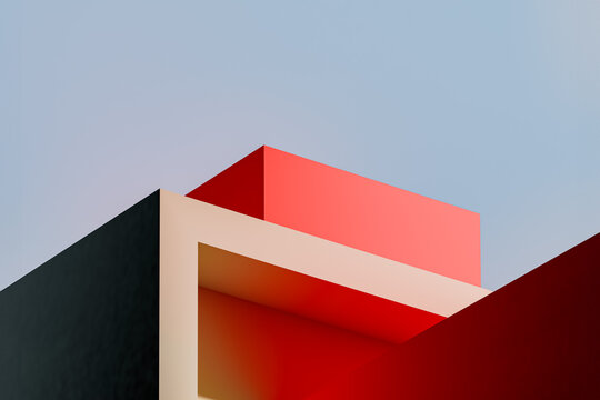 Minimalist geometric shapes against blue sky