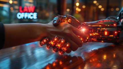 A human and AI robot handshake in a law office, representing innovation, partnership, and the future of technology integration in attorney and client relationships using artificial intelligence